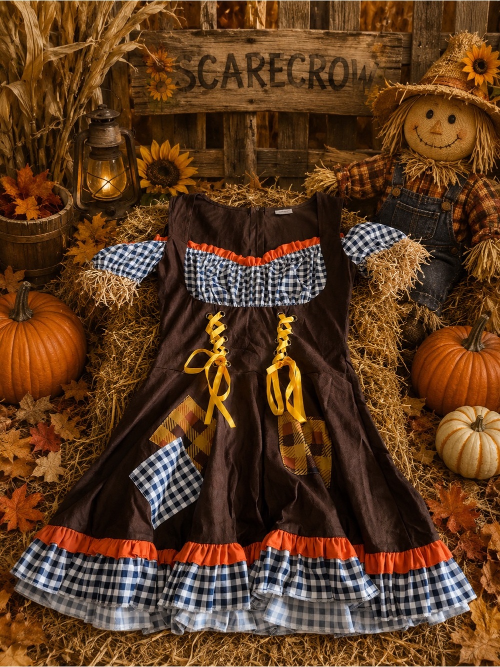 Adult S- Brown Patchwork Scarecrow Costume Dress with Blue Gingham